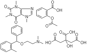2-acetyloxybenzoic acid, N,N-dimethyl-2-[(2-methylphenyl)-phenyl-metho xy]ethanamine, 2-hydroxypropane-1,2,3-tricarboxylic acid, 1,3,7-trimet hylpurine-2,6-dione