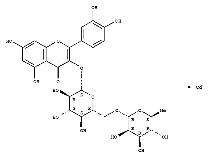 cadmium 3-{[6-O-(6-deoxyhexopyranosyl)hexopyranosyl]oxy}-7-hydroxy-2-(3-hydroxy-4-oxidophenyl)-4-oxo-4H-chromen-5-olate molecular structure