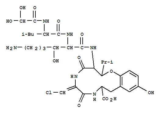Lysinamide,N-(dihydroxyacetyl)leucyl-N-[9-carboxy-6-(chloromethylene)-3,4,5,6,7,8,9,10-octahydro-12-hydroxy-2-(1-methylethyl)-4,7-dioxo-2H-1,5,8-benzoxadiazacyclododecin-3-yl]-3-hydroxy- molecular structure