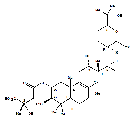 Lanost-8-ene-2,3,12,21,25-pentol,21,24-epoxy-, 3-acetate 2-(1-hydrogen 2-hydroxy-2-methylbutanedioate), [2a,3b(S),12a,24S]- molecular structure