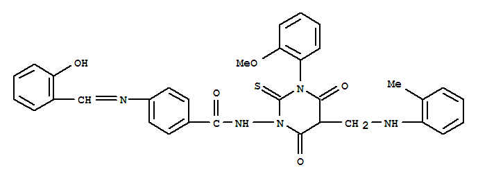 N-[3-(2-methoxyphenyl)-5-{[(2-methylphenyl)amino]methyl}-4,6-dioxo-2-thioxotetrahydropyrimidin-1(2H)-yl]-4-{[(Z)-(6-oxocyclohexa-2,4-dien-1-ylidene)methyl]amino}benzamide molecular structure