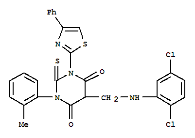 5-[[(2,5-dichlorophenyl)amino]methyl]-1-(2-methylphenyl)-3-(4-phenyl-1 ,3-thiazol-2-yl)-2-sulfanylidene-1,3-diazinane-4,6-dione molecular structure