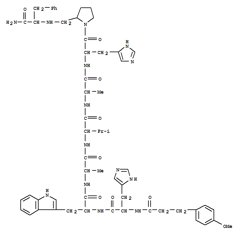 D-Alaninamide,N-[3-(4-methoxyphenyl)-1-oxopropyl]-L-histidyl-L-tryptophyl-L-alanyl-L-valyl-N-[2-[2-[[[2-amino-2-oxo-1-(phenylmethyl)ethyl]amino]methyl]-1-pyrrolidinyl]-1-(1H-imidazol-4-ylmethyl)-2-oxoethyl]-,[2R-[1(S*),2R*(S*)]]- molecular structure