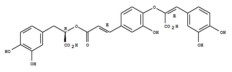 Benzenepropanoic acid, a-[[(2E)-3-[4-[[(1E)-1-carboxy-2-(3,4-dihydroxyphenyl)ethenyl]oxy]-3-hydroxyphenyl]-1-oxo-2-propen-1-yl]oxy]-3,4-dihydroxy-,(aR)- molecular structure