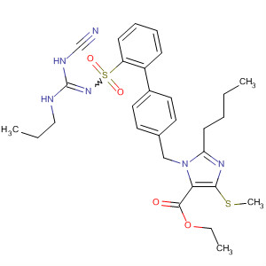 1H-Imidazole-5-carboxylic acid,2-butyl-1-[[2'-[[[(cyanoamino)(propylamino)methylene]amino]sulfonyl][1,1'-biphenyl]-4-yl]methyl]-4-(methylthio)-, ethyl ester molecular structure