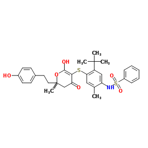 N-[5-tert-butyl-4-[[4-hydroxy-2-[2-(4-hydroxyphenyl)ethyl]-2-methyl-6-oxo-3h-pyran-5-yl]sulfanyl]-2-methylphenyl]benzenesulfonamide molecular structure