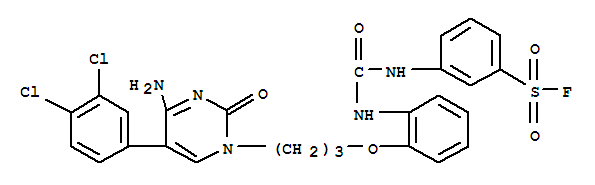 3-{[(2-{3-[4-amino-5-(3,4-dichlorophenyl)-2-oxopyrimidin-1(2H)-yl]propoxy}phenyl)carbamoyl]amino}benzenesulfonyl fluoride molecular structure