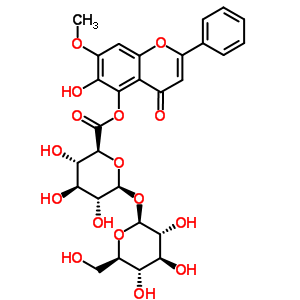 beta-D-glucopyranosyl 6-hydroxy-7-methoxy-4-oxo-2-phenyl-4H-chromen-5-yl beta-D-glucopyranosiduronate molecular structure