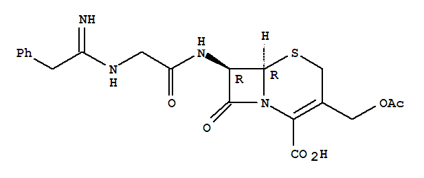 5-Thia-1-azabicyclo[4.2.0]oct-2-ene-2-carboxylicacid,3-[(acetyloxy)methyl]-7-[[[(1-imino-2-phenylethyl)amino]acetyl]amino]-8-oxo-,(6R-trans)- molecular structure