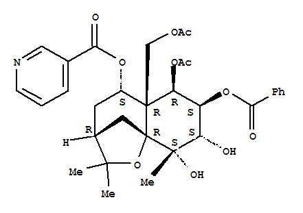 3-Pyridinecarboxylicacid,6-(acetyloxy)-5a-[(acetyloxy)methyl]-7-(benzoyloxy)octahydro-8,9-dihydroxy-2,2,9-trimethyl-2H-3,9a-methano-1-benzoxepin-5-ylester, (3a,5b,5aa,6a,7a,8b,9b,9aa)-(+)- molecular structure
