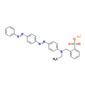 sodium 2-[(ethyl{4-[(E)-{4-[(E)-phenyldiazenyl]phenyl}diazenyl]phenyl}amino)methyl]benzenesulfonate molecular structure
