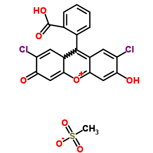 9-(2-carboxyphenyl)-2,7-dichloro-6-hydroxy-3-oxo-3,9a-dihydroxanthenium methanesulfonate molecular structure