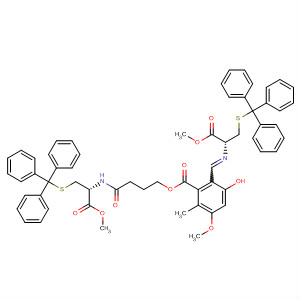 Benzoic acid,3-hydroxy-5-methoxy-2-[[[(1R)-2-methoxy-2-oxo-1-[[(triphenylmethyl)thio]methyl]ethyl]imino]methyl]-6-methyl-,4-[[(1R)-2-methoxy-2-oxo-1-[[(triphenylmethyl)thio]methyl]ethyl]amino]-4-oxobutyl ester molecular structure