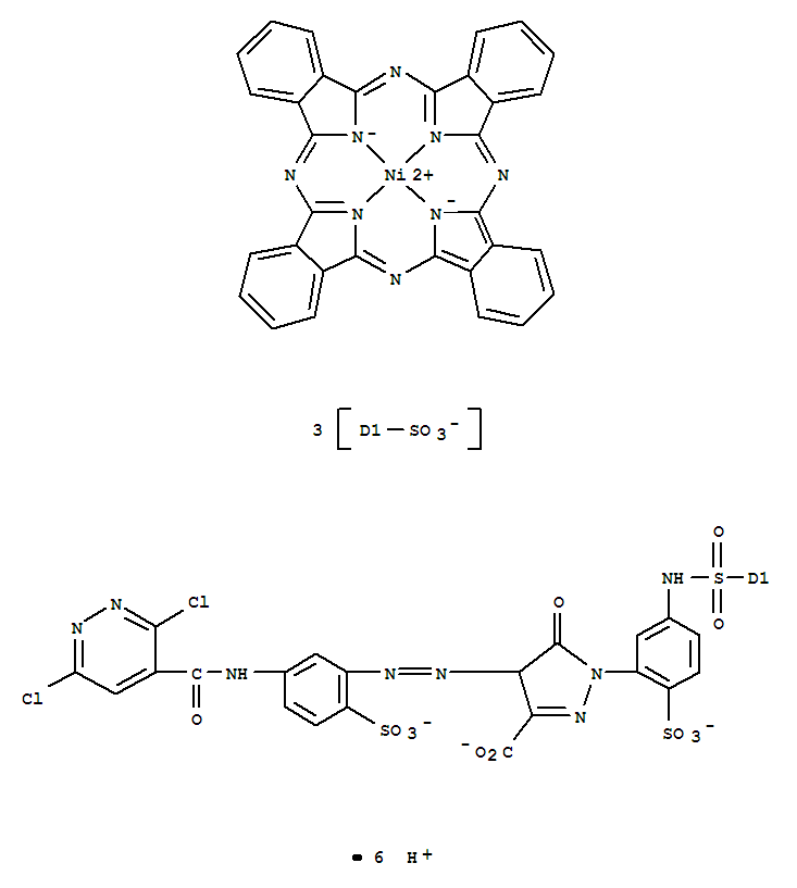 Nickelate(6-), (4-(2-(5-(((3,6-dichloro-4-pyridazinyl)carbonyl)amino)-2-sulfophenyl)diazenyl)-4,5-dihydro-5-oxo-1-(5-(((C,C,C-trisulfo-29H,31H-phthalocyanin-C-yl-kappaN29,kappaN30,kappaN31,kappaN32)sulfonyl)amino)-2-sulfophenyl)-1H-pyrazole-3-carboxylato( molecular structure