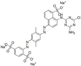 trisodium 2-[[4-[[4-[(4-amino-6-chloro-1,3,5-triazin-2-yl)amino]-5-sulphonatonaphthyl]azo]-2,5-dimethylphenyl]azo]benzene-1,4-disulphonate molecular structure