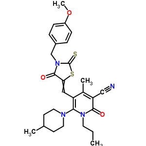 5-[[3-[(4-methoxyphenyl)methyl]-4-oxo-2-sulfanylidene-1,3-thiazolidin-5-ylidene]methyl]-4-methyl-6-(4-methylpiperidin-1-yl)-2-oxo-1-propylpyridine-3-carbonitrile molecular structure