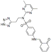 N-(4,6-dimethylpyrimidin-2-yl)-4-[[(Z)-(6-oxo-1-cyclohexa-2,4-dienylid ene)methyl]amino]-N-[2-(2H-tetrazol-5-yl)ethyl]benzenesulfonamide molecular structure