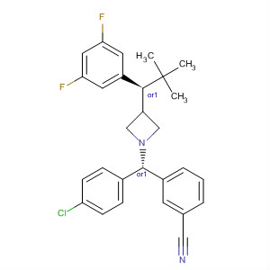 Benzonitrile,3-[(S)-(4-chlorophenyl)[3-[(1R)-1-(3,5-difluorophenyl)-2,2-dimethylpropyl]-1-azetidinyl]methyl]-, rel- molecular structure