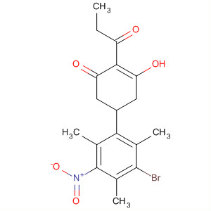 2-Cyclohexen-1-one,5-(3-bromo-2,4,6-trimethyl-5-nitrophenyl)-3-hydroxy-2-(1-oxopropyl)- molecular structure