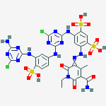 1,3-Benzenedisulfonic acid, 4-((5-(aminocarbonyl)-1-ethyl-1,6-dihydro-2-hydroxy-4-methyl-6-oxo-3-pyridinyl)azo)-6-((4-((3-((4-amino-6-chloro-1,3,5-triazin-2-yl)amino)-4-sulfophenyl)amino)-6-chloro-1,3,5-triazin-2-yl)amino)- molecular structure